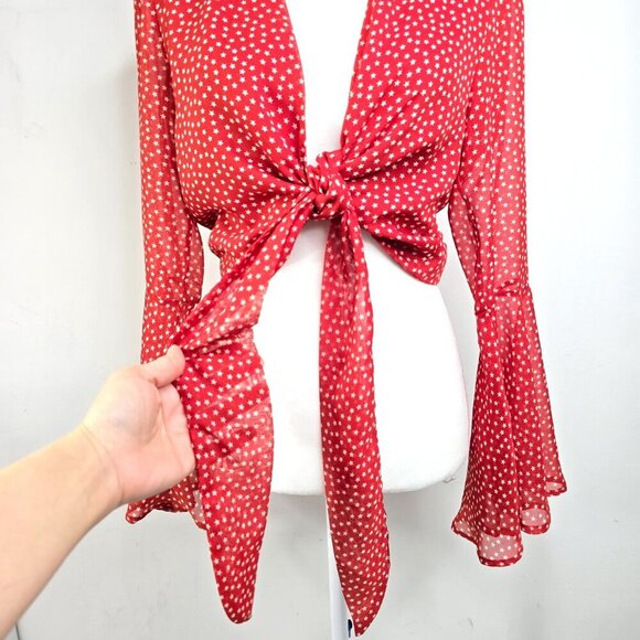 Urban Outfitters Terracota Brown Star Print Tie Front Bell Sleeve Cropped Top - Picture 8 of 11